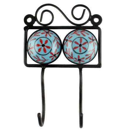 Turquoise Round Floral Ceramic Tile Hook